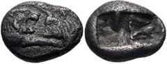 KINGS of LYDIA. Kroisos. Circa 560-546 BC. AR 1/6 Stater (11mm, 1.67 g). Sardes mint. Struck circa 550-546 BC. Confronted foreparts of lion and bull / Double incuse square punch. Berk 120/25; SNG Kayh