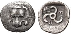 DYNASTS of LYCIA. Mithrapata. Circa 390-370 BC. AR 1/6 Stater (12mm, 0.65 g). Facing lion scalp / Triskeles; arrow in field; all within incuse square. Mildenberg, Mithrapata -; Podalia -; Falghera 195