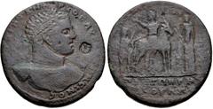 MYSIA, Pergamum. Caracalla. AD 198-217. Æ Medallion (40mm, 40.13 g, 12h). Laureate and cuirassed bust right; gorgoneion on breastplate; c/m: wreath / Caracalla on horseback right, head and upper body 