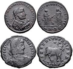 ROMAN. Imperial. Lot of two (2) bronze coins of Maximianus and Julian II. Includes: Maximianus. Æ Follis Serdica mint. Struck AD 305-306. Laureate bust right, wearing imperial mantle, holding olive br