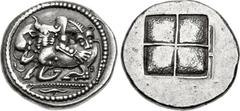 MACEDON, Akanthos. Circa 480-470 BC. AR Tetradrachm (28mm, 17.26 g). Attic standard. Lioness right, attacking bull crouching left, with head right; floral ornament in exergue / Quadripartite incuse sq