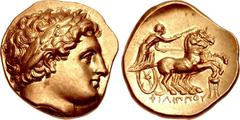 KINGS of MACEDON. Philip III Arrhidaios. 323-317 BC. AV Stater (18mm, 8.61 g, 7h). In the types of Philip II. Kolophon mint. Struck under Menander or Kleitos, circa 322-319 BC. Head of Apollo right, w