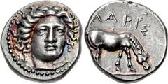 THESSALY, Larissa. Circa 405/0-370 BC. AR Drachm (18mm, 6.11 g, 1h). Head of the nymph Larissa facing slightly right; hair in ampyx / Horse grazing right. L-S Group 3, head type 17, dies O55/R1, sp. a