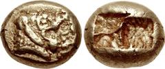 KINGS of LYDIA. Alyattes. Circa 610-560 BC. EL Hekte – Sixth Stater (9mm, 2.33 g). Sardes mint. Head of roaring lion right; Lydian [WA]LWE[T], retrograde, downward on right / Two incuse square punches