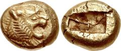 KINGS of LYDIA. temp. Alyattes – Kroisos. Circa 610-546 BC. EL Trite – Third Stater (12mm, 4.71 g). Sardes mint. Head of roaring lion right, sun with multiple rays on forehead / Two incuse square punc