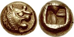 KINGS of LYDIA. Alyattes. Circa 610-560 BC. EL Hemihekte – Twelfth Stater (7mm, 1.19 g). Sardes mint. Head of lion right, sun on forehead (later style) / Incuse square punch. Weidauer Group XVI, 90; T