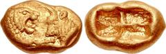 KINGS of LYDIA. Kroisos. Circa 560-546 BC. AV Trite – Third Stater (11mm, 2.67 g). Light series. Sardes mint. Struck circa 550-546 BC. Confronted foreparts of lion right and bull left / Two incuse squ