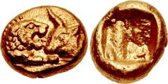 KINGS of LYDIA. Kroisos. Circa 560-546 BC. AV Twelfth Stater (6mm, 0.64 g). Light standard. Sardes mint. Struck circa 550-546 BC. Confronted foreparts of lion right and bull left / Incuse square punch