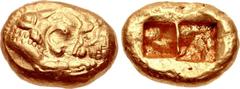 KINGS of LYDIA. temp. Cyrus – Darios I. Circa 545-520 BC. AV Stater (16mm, 8.08 g). Sardes mint. Confronted foreparts of lion and bull / Two incuse square punches of unequal size. Traité I –; SNG Kayh