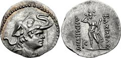 BAKTRIA, Greco-Baktrian Kingdom. Demetrios I Aniketos. Circa 200-185 BC. AR Obol (13mm, 0.70 g, 12h). Diademed and draped bust right, wearing elephant skin headdress / Herakles standing facing, crowni