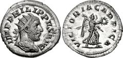 Philip I. AD 244-249. AR Antoninianus (22mm, 3.51 g, 12h). Commemorating victory over the Carpi. Rome mint. Special emission, AD 247. Radiate, draped, and cuirassed bust right / VICTORIA CARPICA, Vict