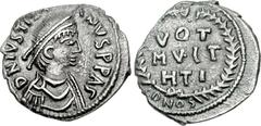Justinian I. 527-565. AR Half Siliqua (16mm, 1.24 g, 2h). Heavy issue. Carthage mint. Struck 533/4-537. Daidemed, draped, and cuirassed bust right / VOT/ MV · LT/ HTI within wreath; CONOς. DOC 280.4 (