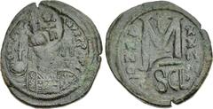 Heraclius. 610-641. Æ Follis (32mm, 16.12 g, 7h). Sicilian mint. Struck circa 616/7-621/2. Crowned facing bust of Heraclius; monogram to right; all within circular punch / SCLs within circular punch. 
