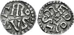 CAROLINGIANS. Charlemagne (Charles the Great). As Charles I, King of the Franks, 768-814. AR Denier (17mm, 1.11 g, 9h). Class 2. Metallum (Melle) mint. Struck 771-793/4. C(AR)O/LVS in two lines; small