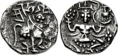 INDIA, Medieval. Kashmir . Harshadeva. 1089-1101. AR Dinnar (16mm, 3.04 g, 12h). Man, wearing angular headdress and holding spear, on horseback right; “Śrī Harṣadeva” in Śāradā script above / Goddess 