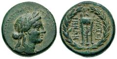 LYDIA, Thyatira. Estimate $200 LYDIA, Thyatira. 2nd Century BC. Æ 21mm (10.56 gm). Laureate head of Apollo right / Tripod, monogram above; all within laurel wreath. SNG Copenhagen 569; SNG von Aulock 