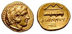 MACEDON, Kings of. Philip II. Estimate $500  MACEDON, Kings of. Philip II. 359-336 BC. AV Quarter Stater (2.13 gm). Pella mint. Circa 340-328 BC. Head of Herakles right, wearing lion's skin headdress 