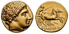 MACEDON, Kings of. Philip II. Estimate $1500 MACEDON, Kings of. Philip II. 359-336 BC. AV Stater (8.62 gm). Pella mint. Circa 323-315 BC. Laureate head of Apollo right / Charioteer driving biga right,