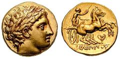 MACEDON, Kings of. Philip II. Estimate $1500 MACEDON, Kings of. Philip II. 359-336 BC. AV Stater (8.64 gm). Pella mint. Circa 323-315 BC. Laureate head of Apollo right / Charioteer driving biga right,