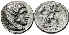MACEDON, Kings of. Philip III. Estimate $200  MACEDON, Kings of. Philip III. 323-317 BC. AR Tetradrachm (17.17 gm). Marathus mint. Head of Herakles right, wearing lion's skin headdress / Zeus seated l