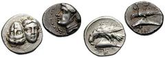 MOESIA, Istros. Estimate $150 MOESIA, Istros. Circa 4th Century BC. AR Drachm (6.60 gm). Facing male heads, the left inverted / Sea-eagle left, grasping dolphin with talons. Cf. SNG BMC Black Sea 242.