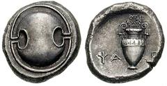 BOEOTIA, Thebes. Estimate $750 BOEOTIA, Thebes. Circa 395/390-338 BC. AR Stater (12.24 gm). Boeotian shield / Amphora; YA left, RO right, wreath above. Hepworth, "The 4th Century BC Magistrate Coinage