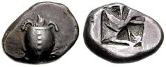 AEGINA. Estimate $750 AEGINA. Circa 550-525 BC. AR Stater (12.21 gm). Sea turtle / "Early Union Jack" -- eight-part divided punch. SNG Delepierre 1502. Toned, nice VF. ($750)