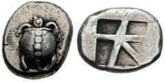 AEGINA. Estimate $1500  AEGINA. Circa 480-457 BC. AR Stater (12.29 gm). T-back turtle; turtle's head seen in profile / Large skew pattern incuse. SNG Delepierre 1522-1526 and 1758-1773; Pozzi 1627. Go
