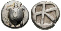 AEGINA. Estimate $300  AEGINA. Circa 480-457 BC. AR Stater (12.24 gm). T-back turtle; turtle's head seen in profile; c/m: A in incuse square / Large skew pattern incuse. SNG Delepierre 1522-1526 and 1