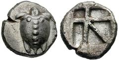 AEGINA. Estimate $500  AEGINA. Circa 480-457 BC. AR Stater (11.83 gm). T-back turtle; turtle's head seen in profile / Large skew pattern incuse. SNG Delepierre 1522-1526 and 1758-1773; Pozzi 1627. Goo