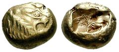 LYDIA, Kings of. Uncertain King. Estimate $500 LYDIA, Kings of. Uncertain King. Before 561 BC. EL Third Stater - Trite (4.76 gm). Head of roaring lion right, knob with four rays on forehead / Double i