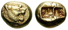 LYDIA, Kings of. Uncertain King. Estimate $600 LYDIA, Kings of. Uncertain King. Before 561 BC. EL Third Stater - Trite (4.73 gm). Head of roaring lion right, knob with multiple rays on forehead / Doub