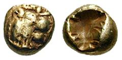 LYDIA, Kings of. Uncertain King. Estimate $300 LYDIA, Kings of. Uncertain King. Before 561 BC. EL Twelfth Stater (1.16 gm). Head of roaring lion right, knob on forehead / Double incuse punch. Weidauer