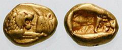 LYDIA, Kings of. Kroisos. Estimate $1000  LYDIA, Kings of. Kroisos. 561-546 BC. AV Sixth Stater (1.77 gm). Heavy Series. Struck at Sardes. Confronted foreparts of lion facing right and bull facing lef
