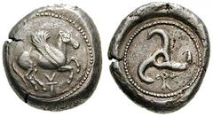 LYCIA, Dynasts of. Uncertain. Estimate $400 LYCIA, Dynasts of. Uncertain. Circa 500-460 BC. AR Stater (9.87 gm). Flying Pegasos right on round shield; monogram below / Triskeles; monogram. SNG von Aul