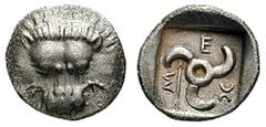 LYCIA, Dynasts of. Mithrapata. Estimate $200  LYCIA, Dynasts of. Mithrapata. Circa 380-375 BC. AR 1/6th Stater (1.36 gm). Facing lion's scalp / Triskeles; spear to left. Mørkhom & Olçay, "The Coin Hoa