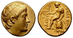 SYRIA, Seleukid Kings. Antiochos II. Estimate $5000  SYRIA, Seleukid Kings. Antiochos II. 261-246 BC. AV Stater (8.57 gm). Aegae mint. Diademed head right / Apollo seated left on omphalos, holding arr