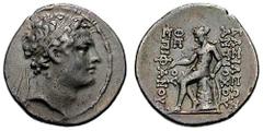 SYRIA, Seleukid Kings. Antiochos IV Estimate $400 SYRIA, Seleukid Kings. Antiochos IV. 175-164 BC. AR Drachm (4.06 gm). Antioch mint. Diademed head right / Apollo seated left on omphalos, holding arro