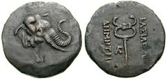 BAKTRIA, Graeco-Baktrian Kings. Demetrios. Estimate $300  BAKTRIA, Graeco-Baktrian Kings. Demetrios. Circa 200-185 BC. Æ Triple Unit (10.43 gm). Elephant's head right, wearing bell around neck / BASIL