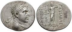 BAKTRIA, Indo-Greek Kings. Agathokles. Estimate $1000 BAKTRIA, Indo-Greek Kings. Agathokles. Circa 185-170 BC. AR Tetradrachm (16.84 gm). Diademed and draped bust right / BASILEWS right, AGAQOKLEOUS l