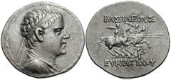 BAKTRIA, Graeco-Baktrian Kings. Eukratides I. Estimate $500 BAKTRIA, Graeco-Baktrian Kings. Eukratides I. Circa 171-145 BC. AR Tetradrachm (16.83 gm). Diademed and draped bust right / The Dioskouroi o
