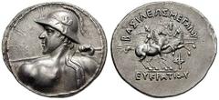 BAKTRIA, Graeco-Baktrian Kings. Eukratides I. Estimate $2000  BAKTRIA, Graeco-Baktrian Kings. Eukratides I. Circa 171-145 BC. AR Tetradrachm (16.61 gm). Heroic bust of Eukratides left, wearing crested