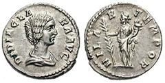 DIDIA CLARA, daughter of Didius Julianus. Estimate $3000 DIDIA CLARA, daughter of Didius Julianus. AR Denarius (2.97 gm). Struck April-June 193 AD. Draped bust right / Hilaritas standing left, holding