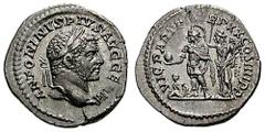 CARACALLA. Estimate $250  CARACALLA. 198-217 AD. AR Denarius (2.87 gm). Struck January-April 217 AD. Laureate head right / VIC PART P M TR P XX COS IIII P P, Caracalla standing left, holding globe and