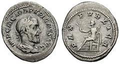 PUPIENUS. Estimate $150 PUPIENUS. 238 AD. AR Denarius (3.53 gm). Laureate bust right / Pax seated left. RIC IV 4; RSC 22. Fine. ($150)