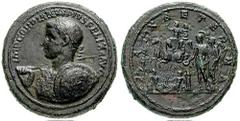 GORDIAN III. Estimate $2500 GORDIAN III. 238-244 AD. Æ Medallion - 37mm (62.02 gm). Laureate and cuirassed bust left, holding spear over right shoulder, shield, decorated with Gordian on horseback, on