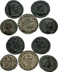 Lot of five Constantinian Æs. Estimate $150 Lot of five Constantinian Æs. Lot includes the following: Constantine I. Æ Follis. Nicomedia mint. Genius. RIC VI 71c // Licinius I. Æ Follis. Siscia mint. 