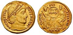 CONSTANTIUS II. Estimate $500 CONSTANTIUS II. 337-361 AD. AV Solidus (4.44 gm). Struck 355-361 AD. Antioch mint. Pearl-diademed head right / Roma and Constantinoplis seated facing, supporting between 