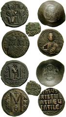 BYZANTINE. Lot of five Æ. Estimate $200 BYZANTINE. Lot of five Æ. Lot includes the following: Justin II. 565-578 AD. Æ Follis (12.33 gm). Year 7 (572/573). Antioch. Justin and Sophia enthroned facing 