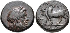 LYDIA, Tralleis. 2nd-1st centuries BC. Æ (13mm, 3.30 g, 12h). Laureate head of Zeus right / Humped bull standing left. SNG Copenhagen 667. VF, green patina.